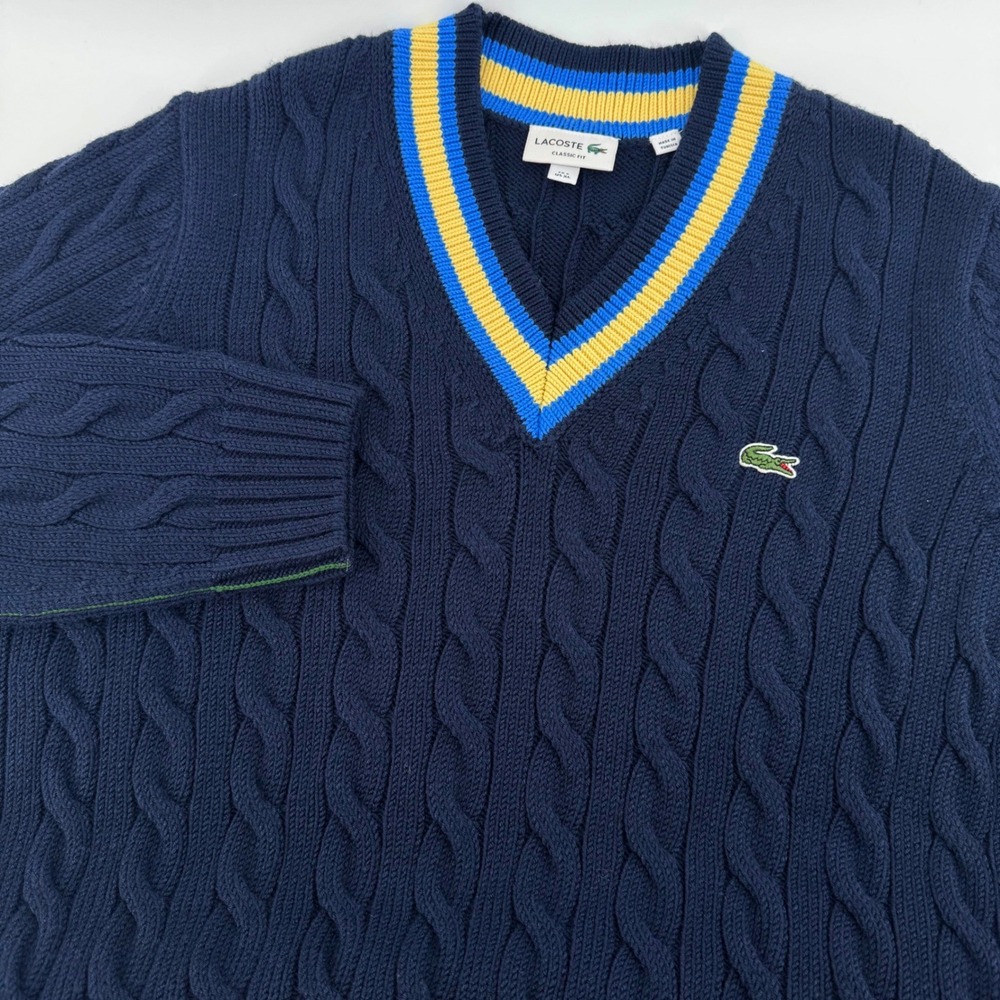 Lacoste Cable Knit Cricket Sweater Mens XL Navy Blue V-Neck Striped Trim
